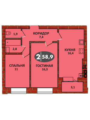 Планировка 2 - квартиры 58.9 кв.м в ЖК «СолнцеГрад»
