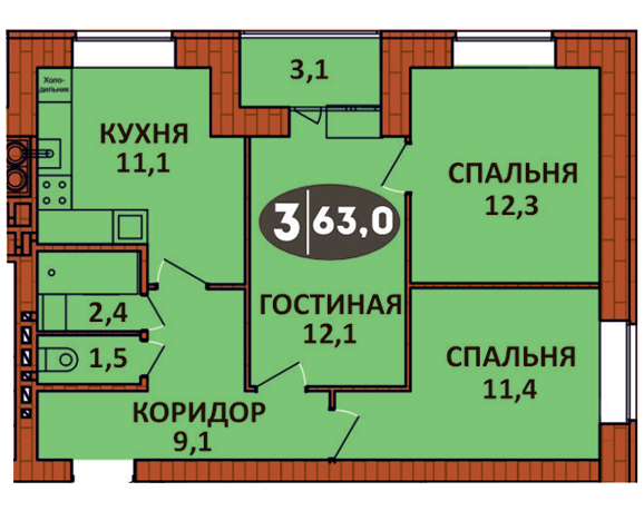 Планировка 3 - квартиры 63 кв.м в ЖК «СолнцеГрад»