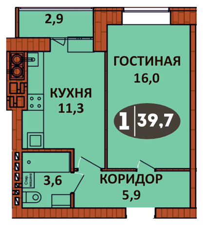 Планировка 1 - квартиры 39.7 кв.м в ЖК «СолнцеГрад»
