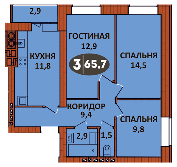 Планировка 3 - квартиры 65.7 кв.м в ЖК «СолнцеГрад»