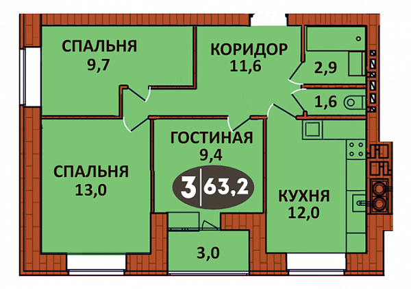 Планировка 3 - квартиры 63.2 кв.м в ЖК «СолнцеГрад»