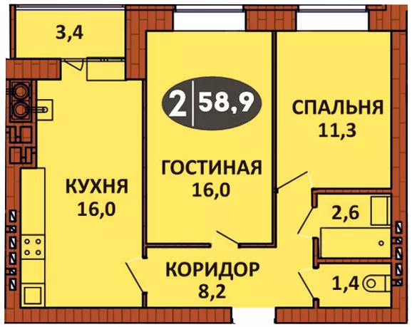 Планировка 2 - квартиры 58 кв.м в ЖК «СолнцеГрад»