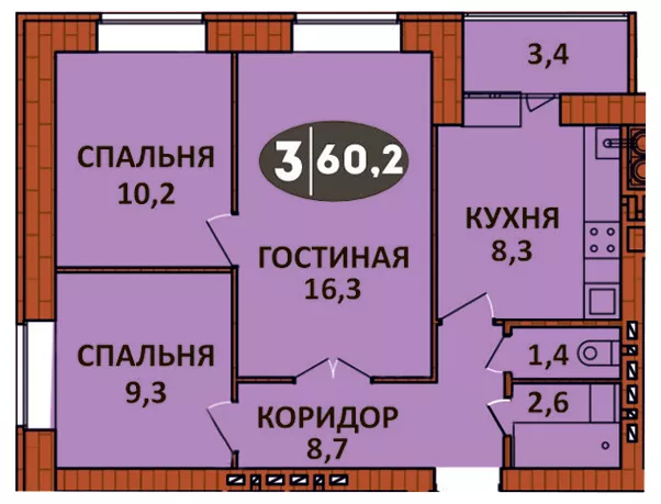 Планировка 3 - квартиры 60 кв.м в ЖК «СолнцеГрад»