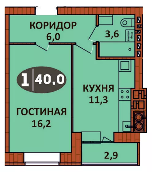 Планировка 1 - квартиры 40 кв.м в ЖК «СолнцеГрад»