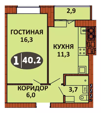 Планировка 1 - квартиры 40.2 кв.м в ЖК «СолнцеГрад»