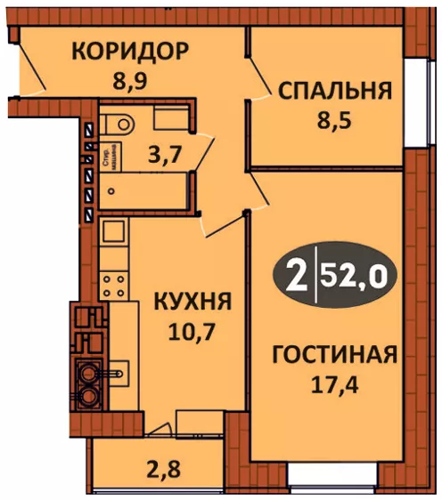 Планировка 2 - квартиры 52 кв.м в ЖК «СолнцеГрад»