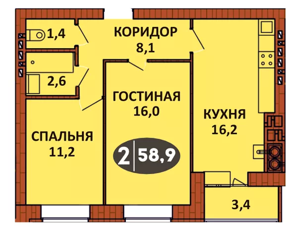 Планировка 2 - квартиры 58.9 кв.м в ЖК «СолнцеГрад»