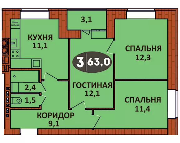 Планировка 3 - квартиры 63 кв.м в ЖК «СолнцеГрад»