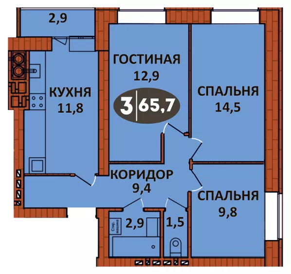 Планировка 3 - квартиры 65.7 кв.м в ЖК «СолнцеГрад»