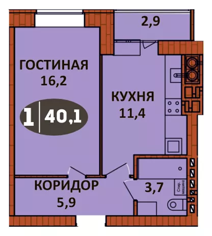 Планировка 1 - квартиры 40.1 кв.м в ЖК «СолнцеГрад»