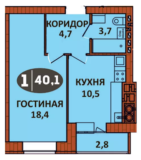 Планировка 1 - квартиры 40 кв.м в ЖК «СолнцеГрад»