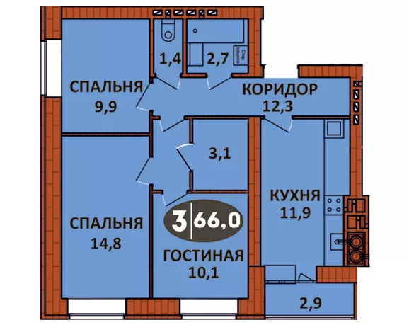 Планировка 3 - квартиры 66 кв.м в ЖК «СолнцеГрад»