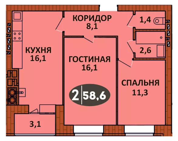 Планировка 2 - квартиры 58.6 кв.м в ЖК «СолнцеГрад»