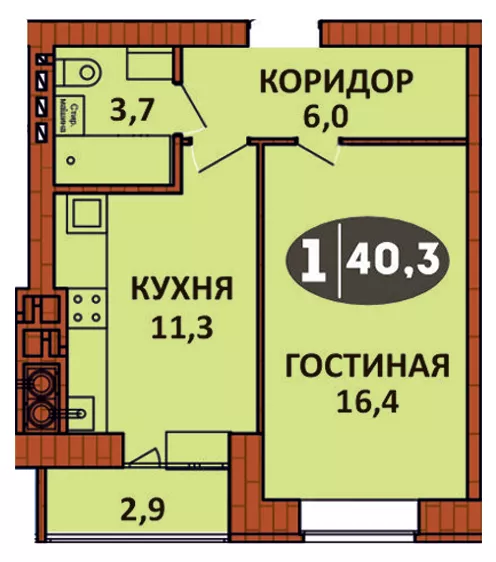 Планировка 1 - квартиры 40 кв.м в ЖК «СолнцеГрад»