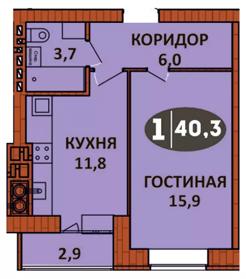 Планировка 1 - квартиры 40 кв.м в ЖК «СолнцеГрад»