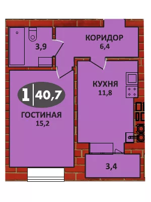 Планировка 1 - квартиры 40.7 кв.м в ЖК «СолнцеГрад»