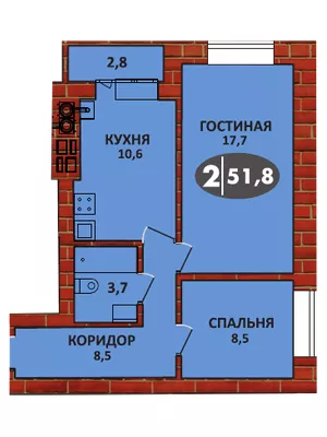 Планировка 2 - квартиры 51.8 кв.м в ЖК «СолнцеГрад»