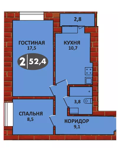 Планировка 2 - квартиры 52.4 кв.м в ЖК «СолнцеГрад»