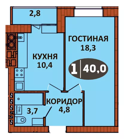 Планировка 1 - квартиры 40 кв.м в ЖК «СолнцеГрад»