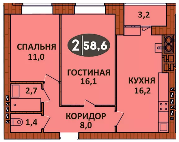 Планировка 2 - квартиры 58 кв.м в ЖК «СолнцеГрад»