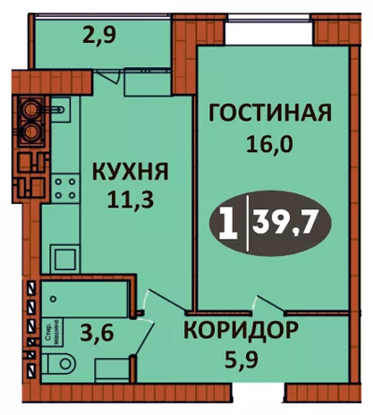 Планировка 1 - квартиры 39.7 кв.м в ЖК «СолнцеГрад»