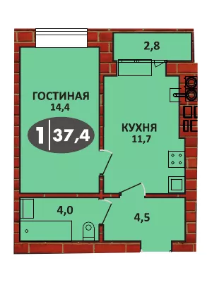 Планировка 1 - квартиры 37.4 кв.м в ЖК «СолнцеГрад»