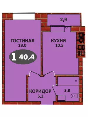 Планировка 1 - квартиры 40.4 кв.м в ЖК «СолнцеГрад»